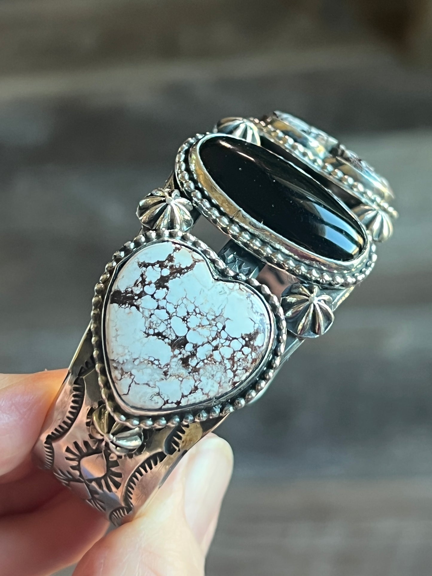Rosella Paxson Sterling Silver Cuff Bracelet with Wild Horse Magnesite Hearts and Oval Onyx