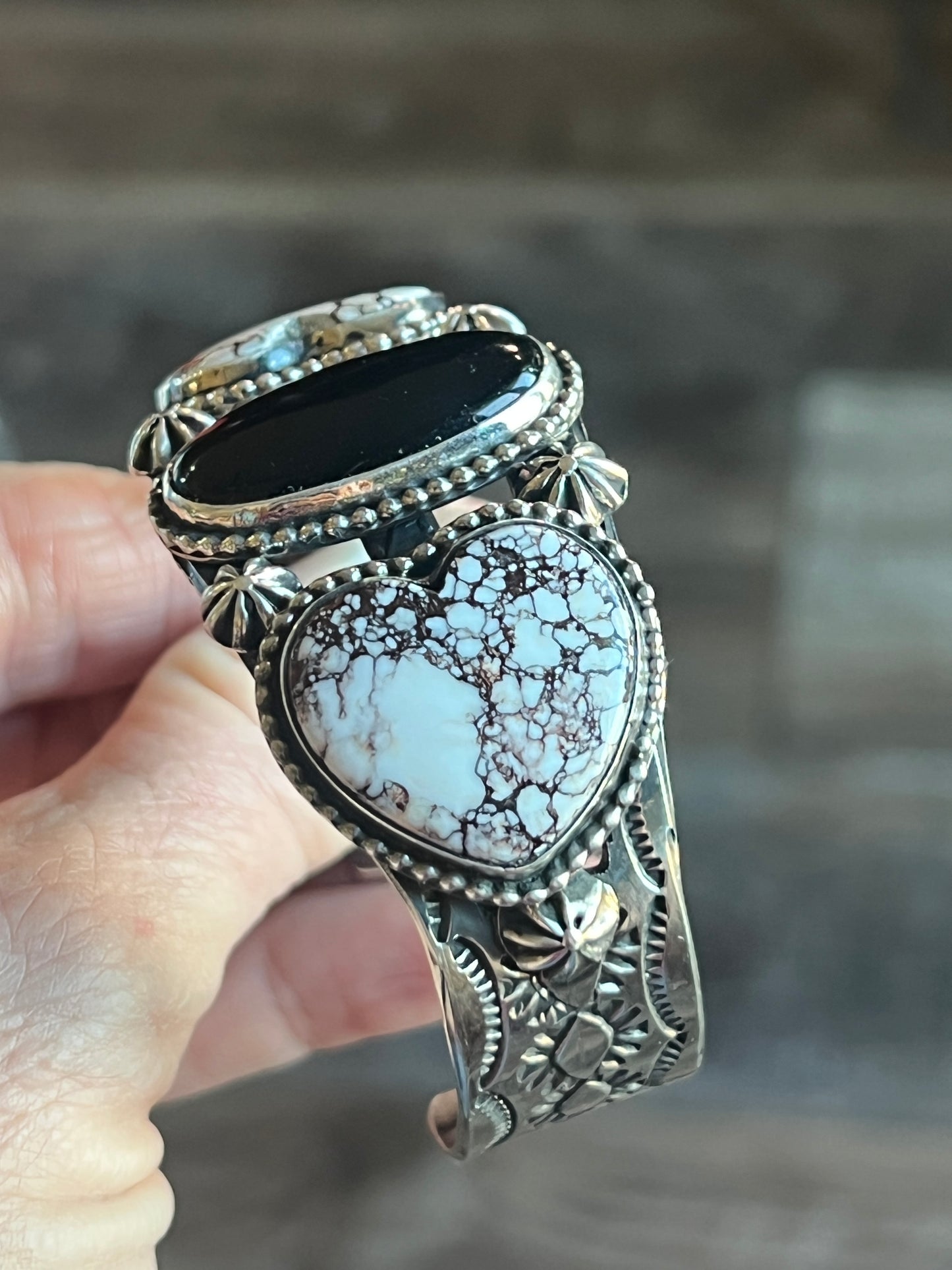 Rosella Paxson Sterling Silver Cuff Bracelet with Wild Horse Magnesite Hearts and Oval Onyx
