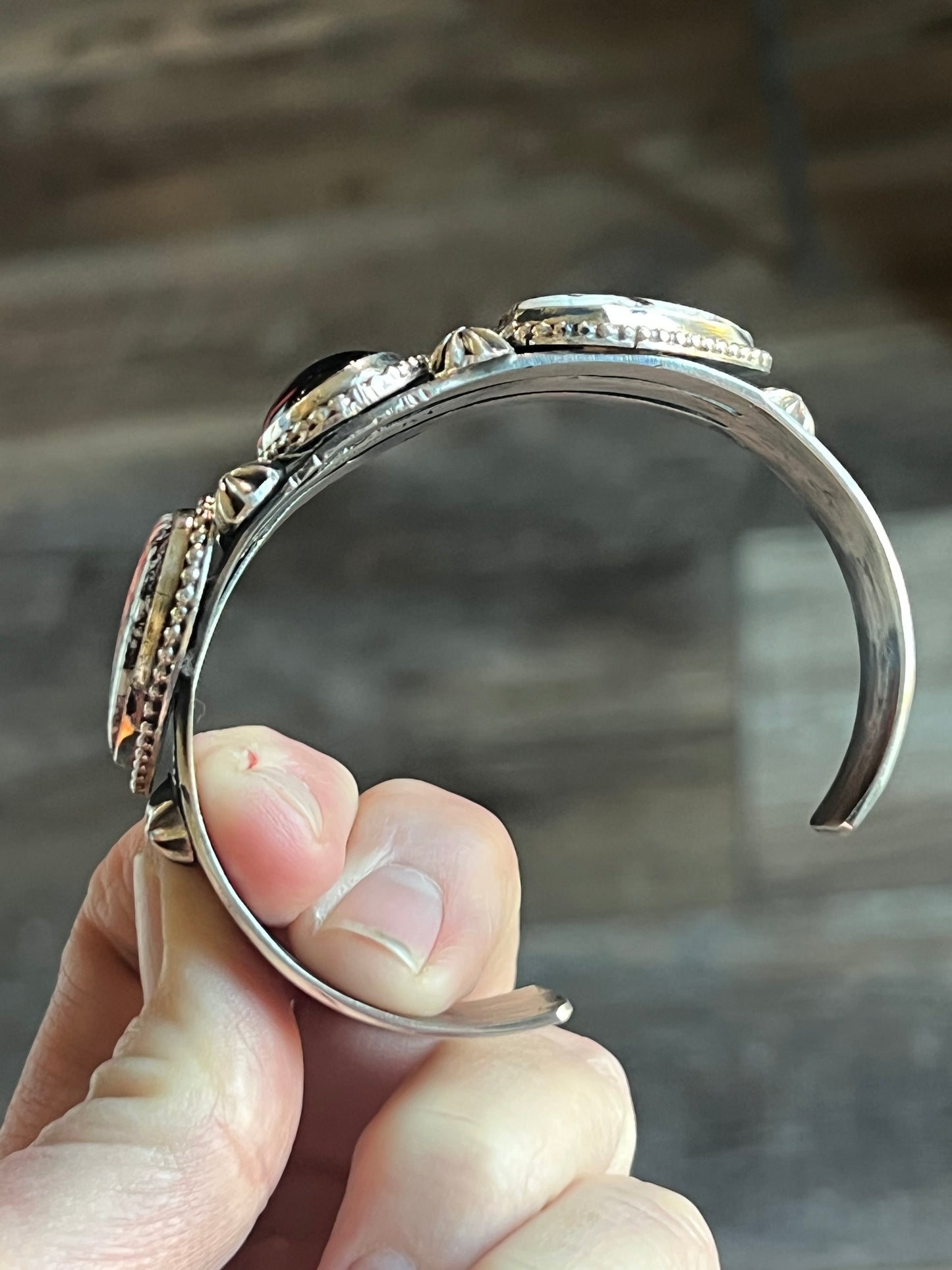 Rosella Paxson Sterling Silver Cuff Bracelet with Wild Horse Magnesite Hearts and Oval Onyx