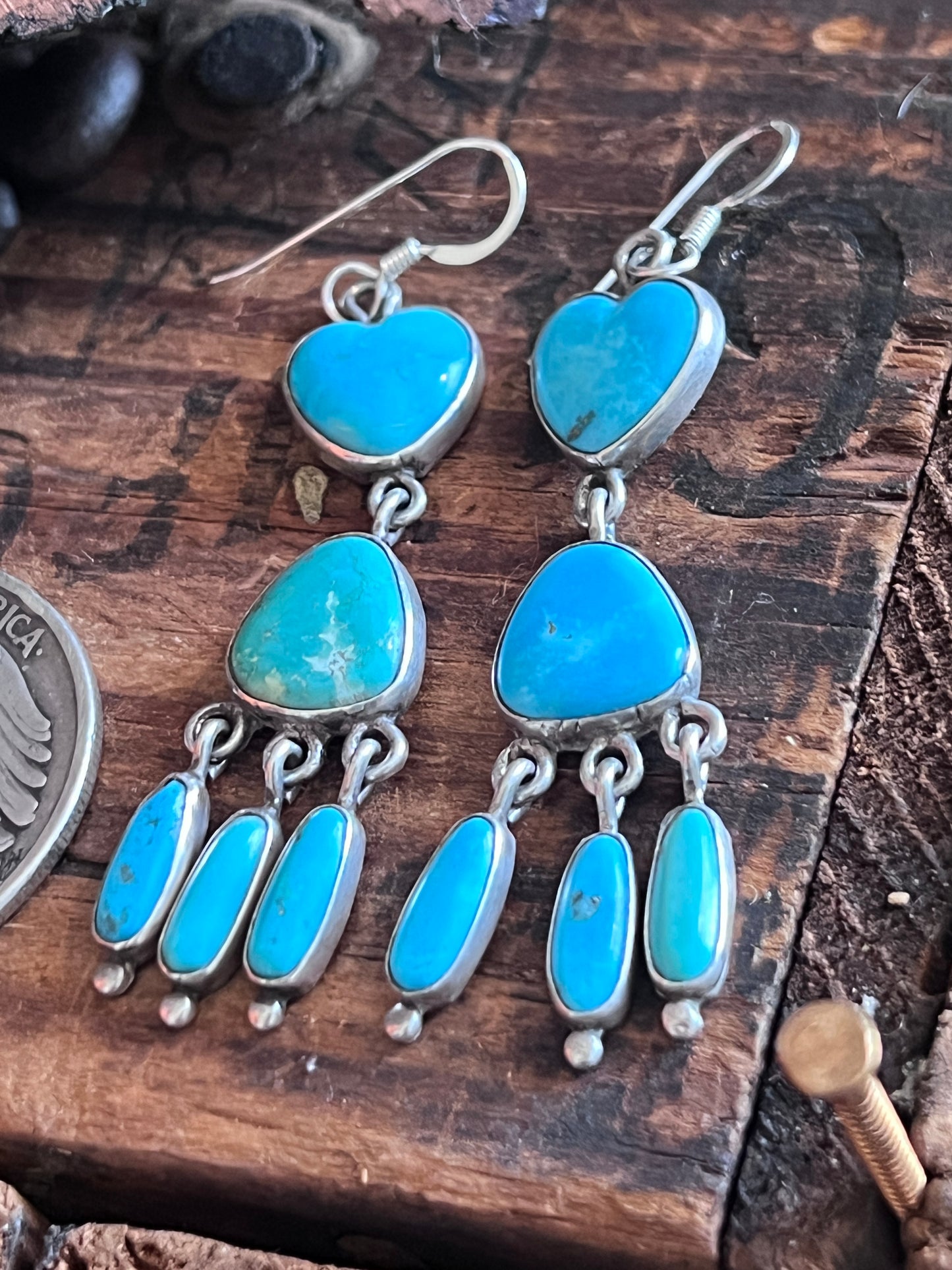 Vintage Sterling Silver and Turquoise Heart Earrings