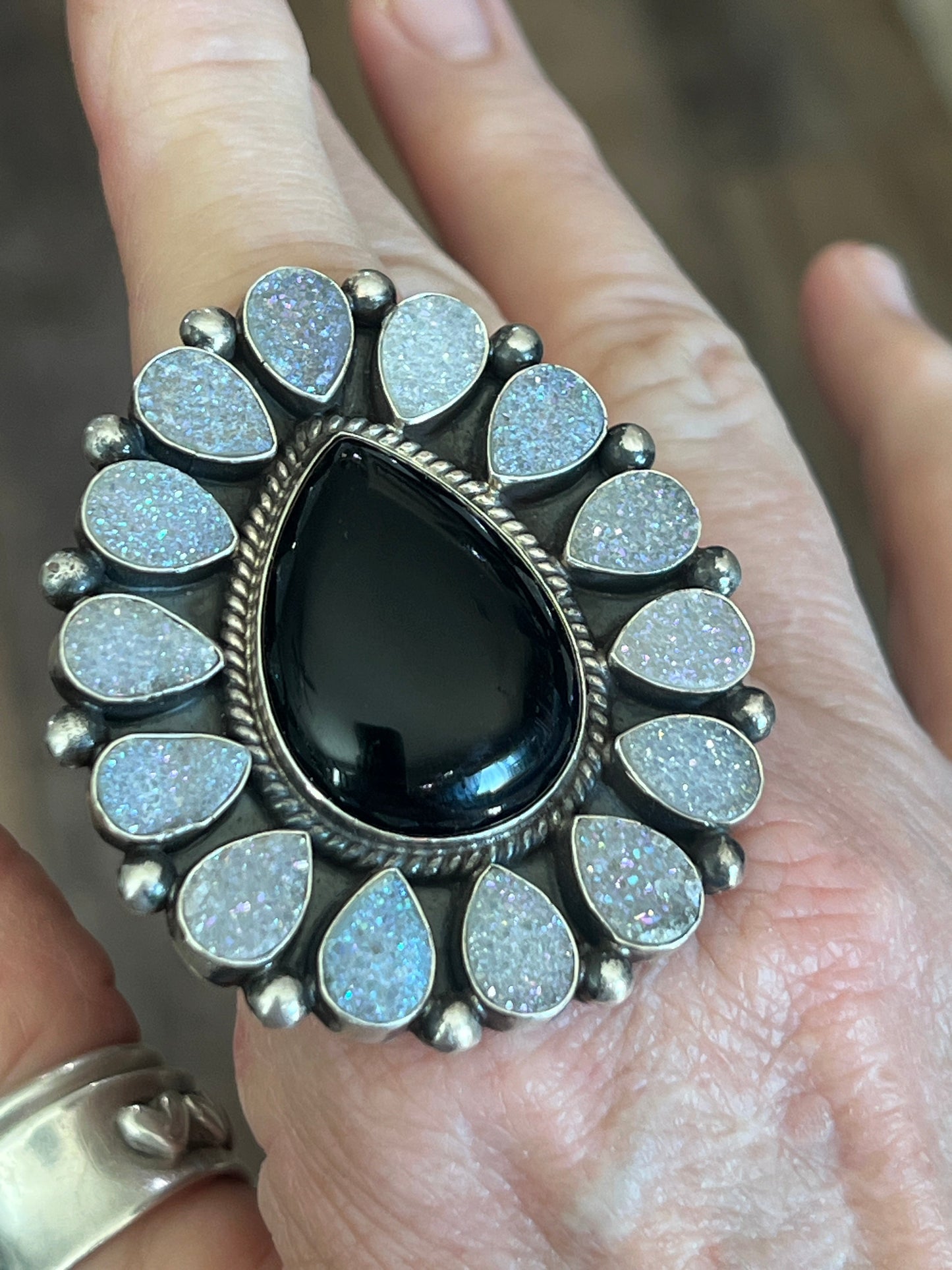Navajo Sterling Silver, Black Onyx and Angel Aura Druzy Quartz Cluster Ring by Tyler Brown, Adjustable
