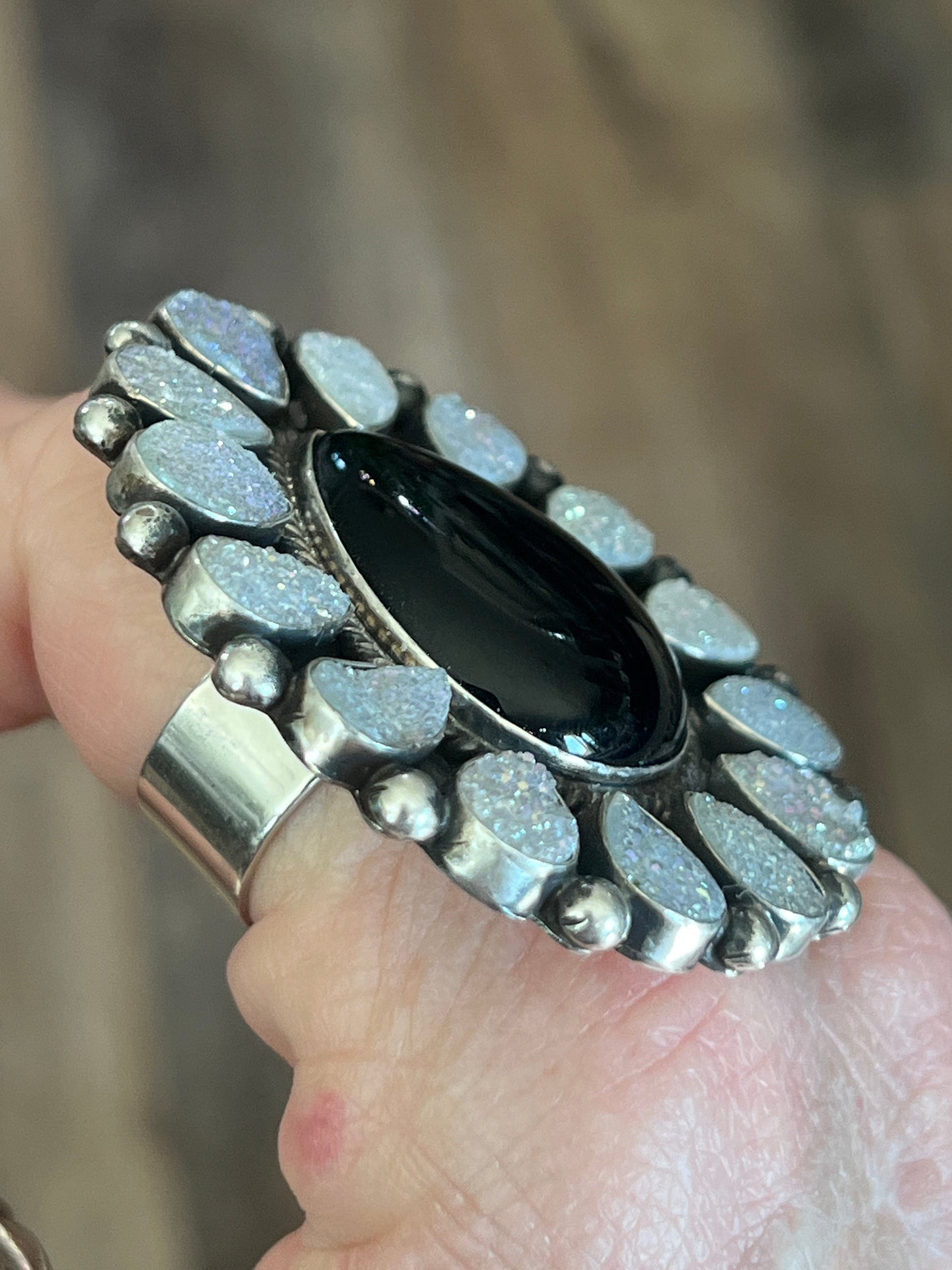 Navajo Sterling Silver, Black Onyx and Angel Aura Druzy Quartz Cluster Ring by Tyler Brown, Adjustable