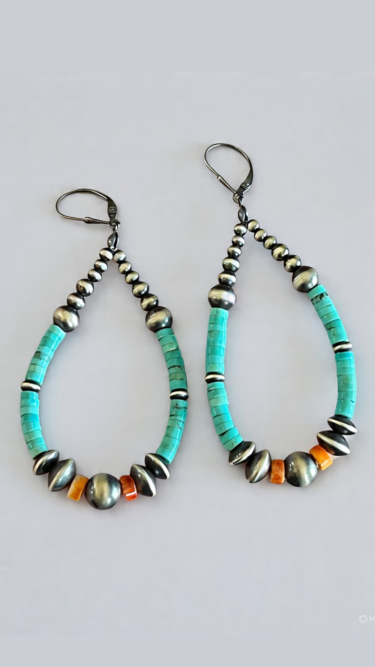 Navajo Made Sterling Silver, Kingman Turquoise and Orange Spiny Oyster Beaded Teardrop Hoop Earrings, Leverback