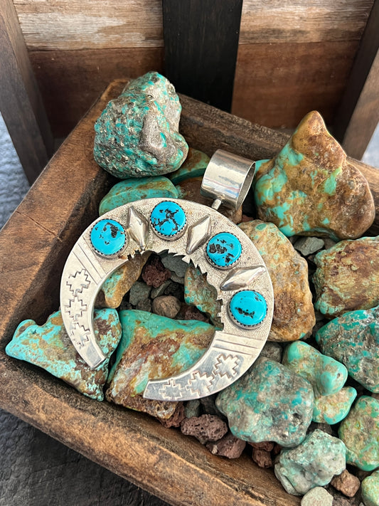 Reversible Sterling Silver, Turquoise and Coral Naja Pendant by Leonard Nez