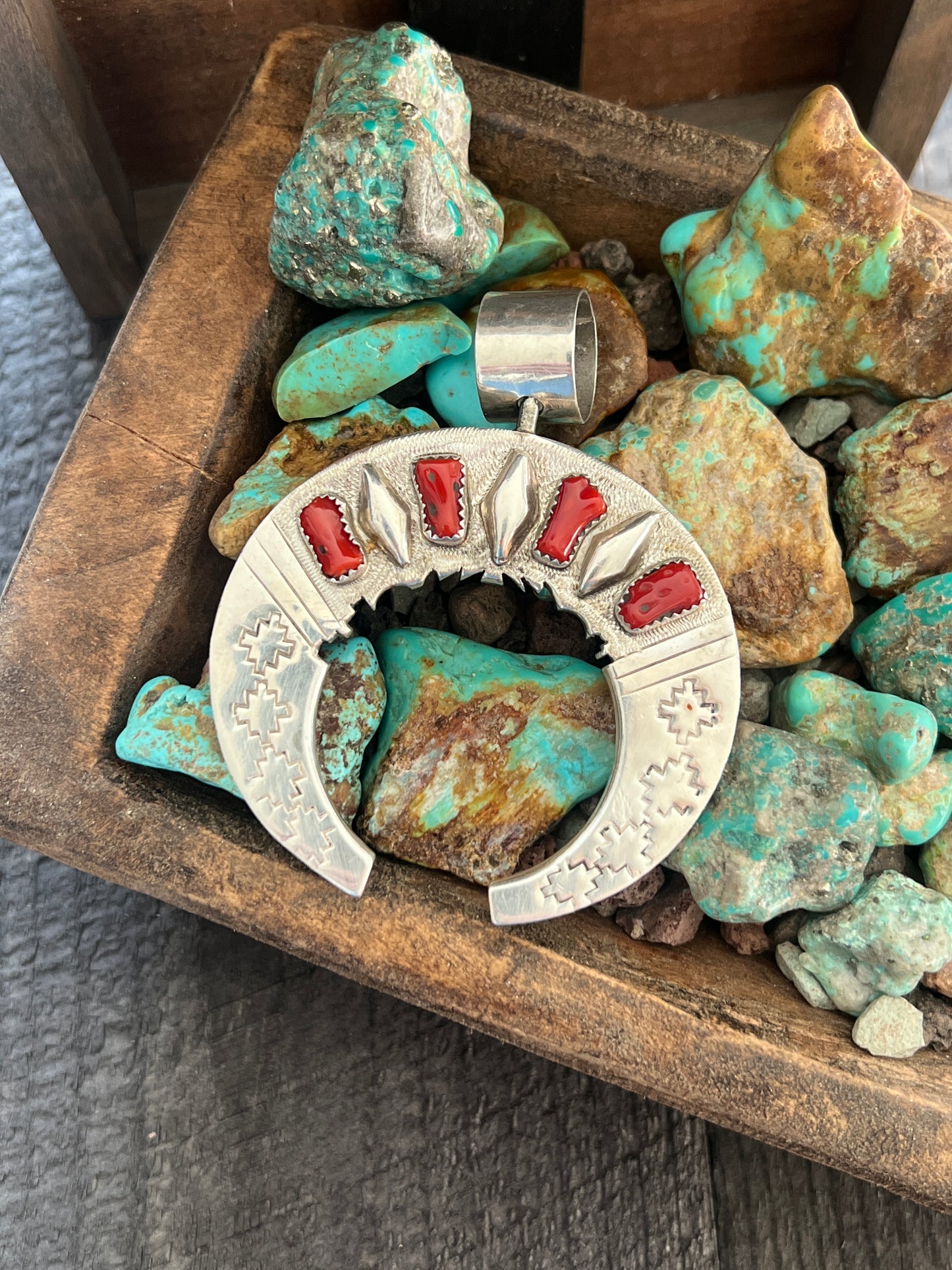 Reversible Sterling Silver, Turquoise and Coral Naja Pendant by Leonard Nez