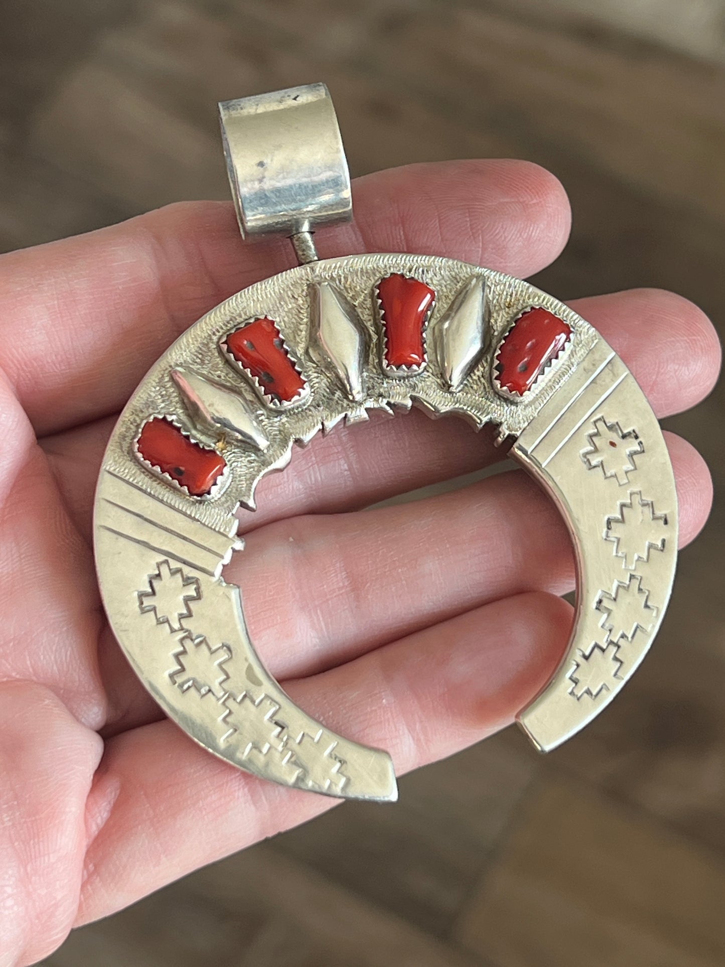 Reversible Sterling Silver, Turquoise and Coral Naja Pendant by Leonard Nez