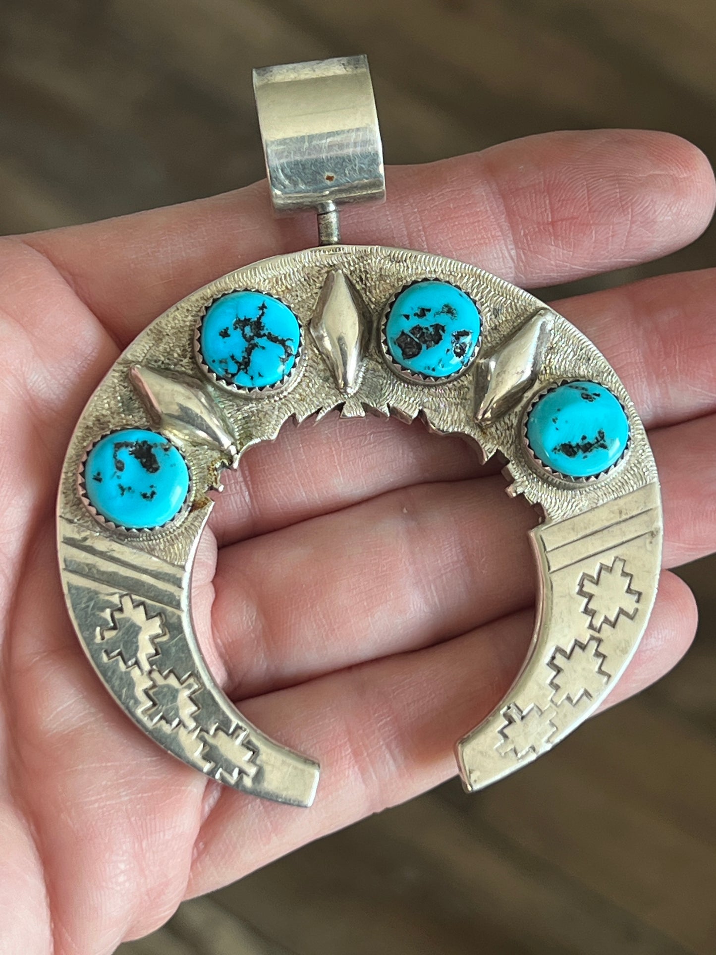 Reversible Sterling Silver, Turquoise and Coral Naja Pendant by Leonard Nez