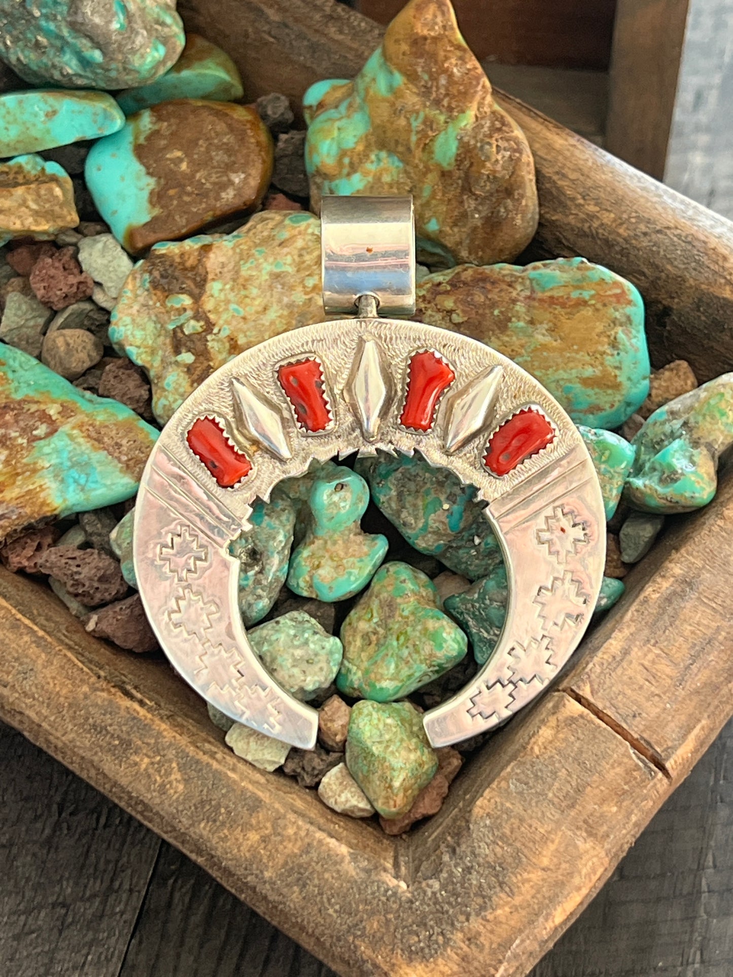Reversible Sterling Silver, Turquoise and Coral Naja Pendant by Leonard Nez