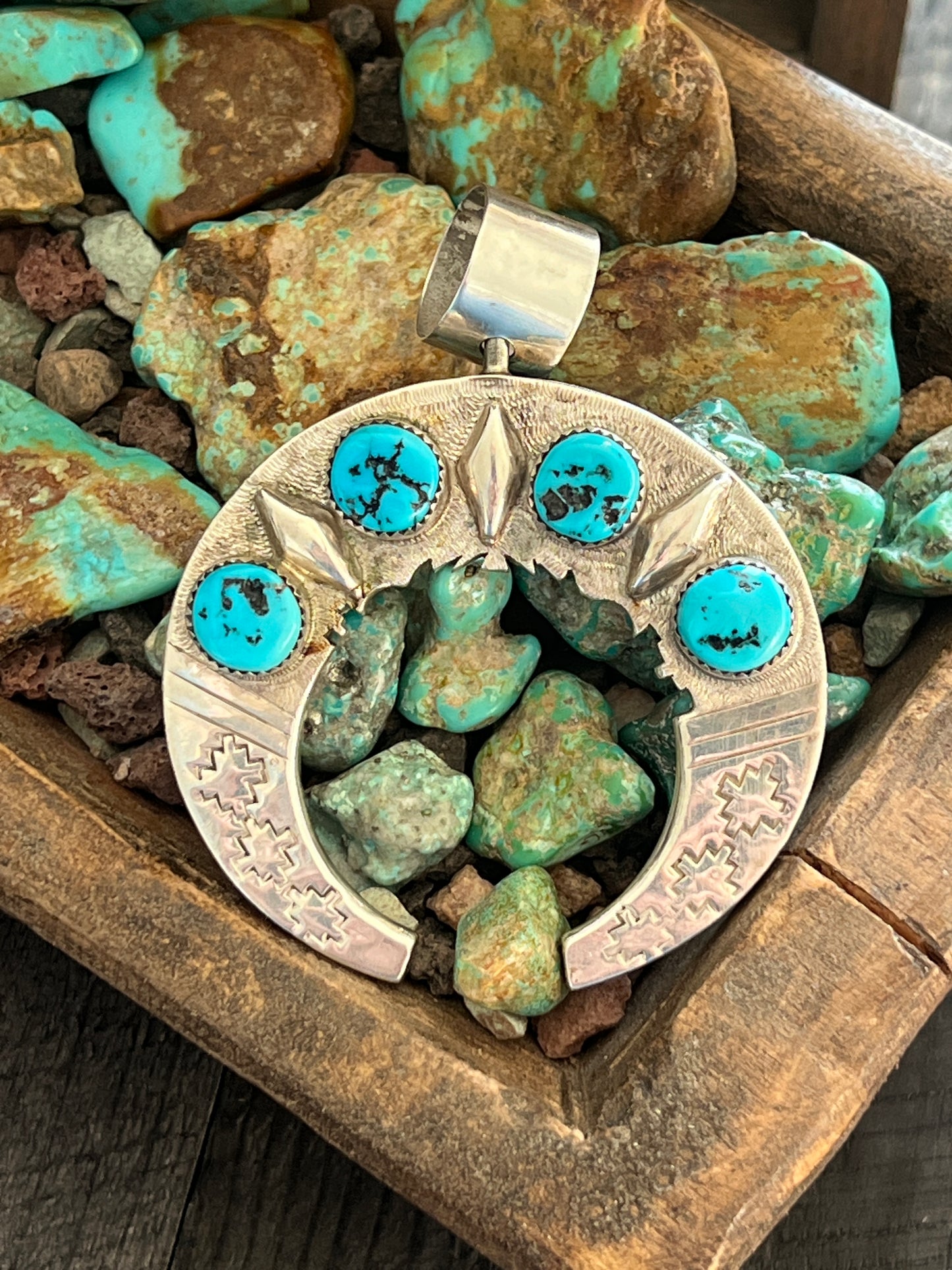 Reversible Sterling Silver, Turquoise and Coral Naja Pendant by Leonard Nez