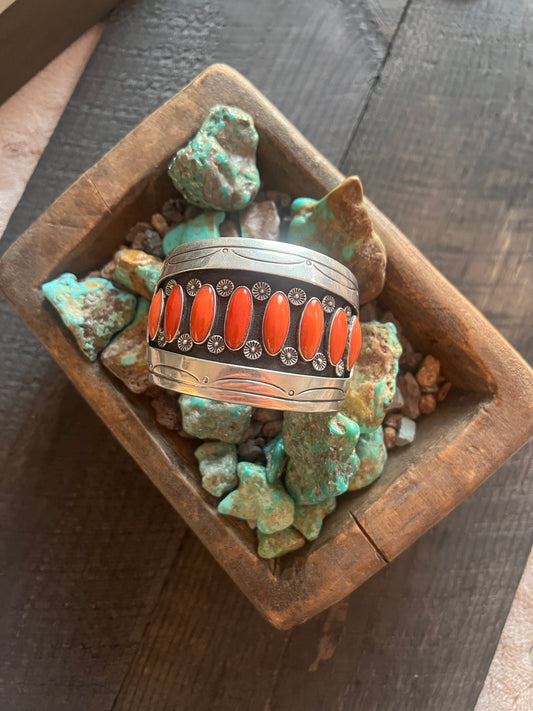 Old Pawn Sterling Silver & Mediterranean Coral Shadowbox Cuff Bracelet, Signed T.B