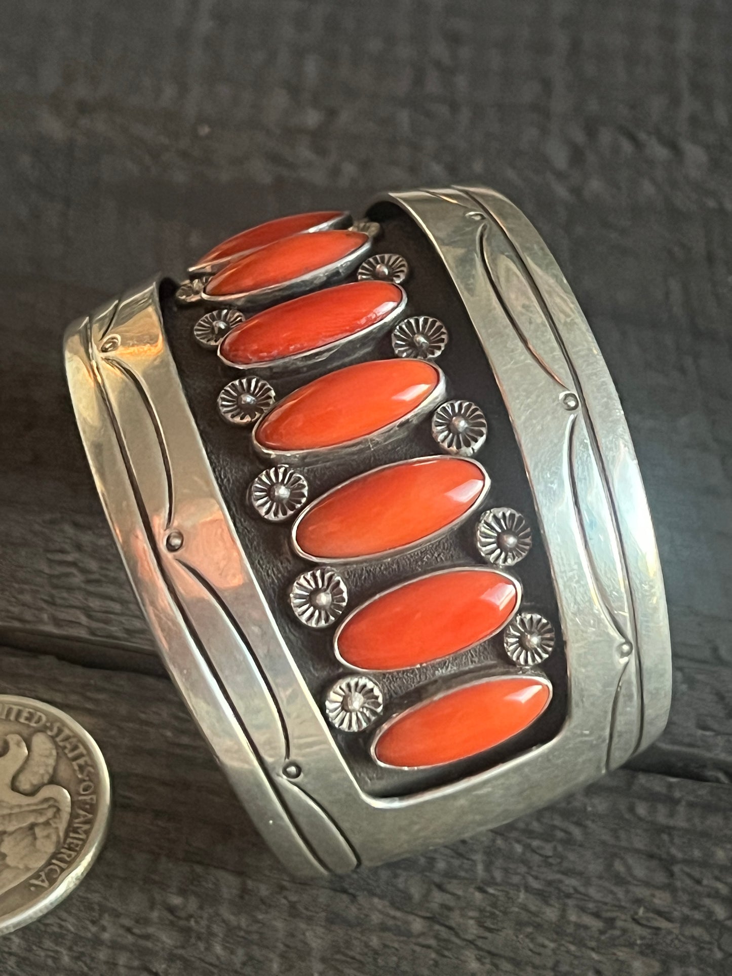 Old Pawn Sterling Silver & Mediterranean Coral Shadowbox Cuff Bracelet, Signed T.B