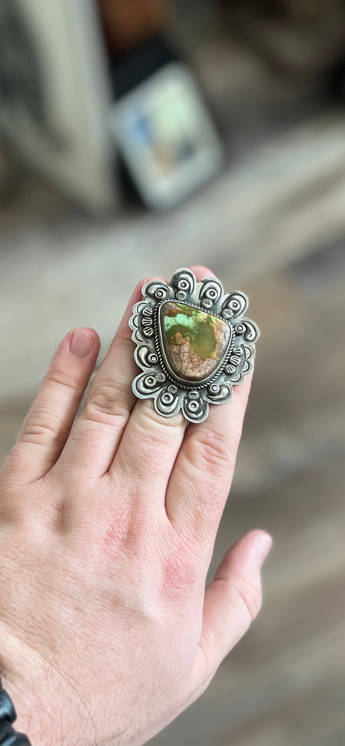 Dean Sandoval Jr Sterling Silver & Pilot Mountain Turquoise Ring size 6.5 to 7.0