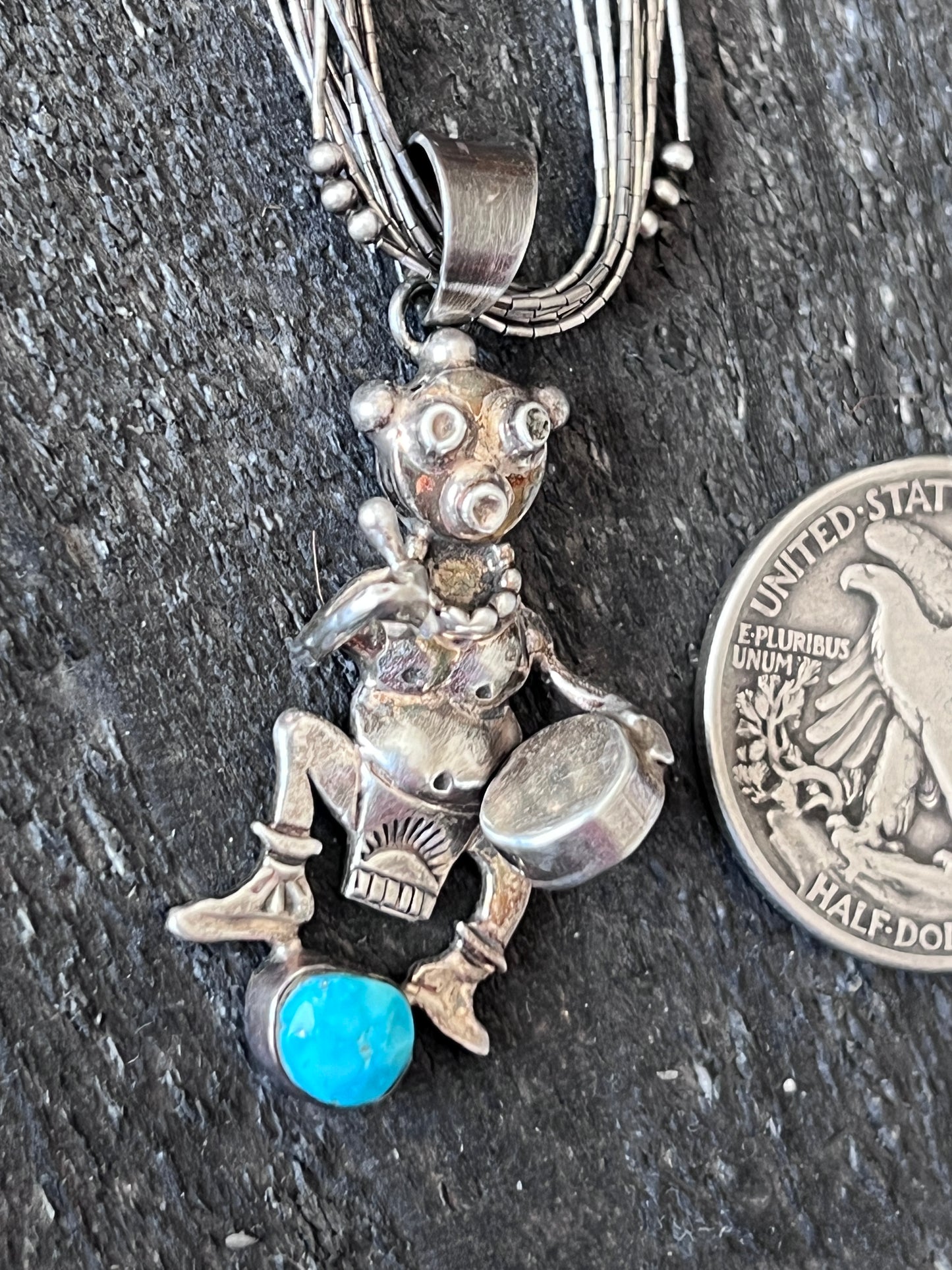 Vintage Sterling Silver And Turquoise Mudhead Pendant By Bennie Ration