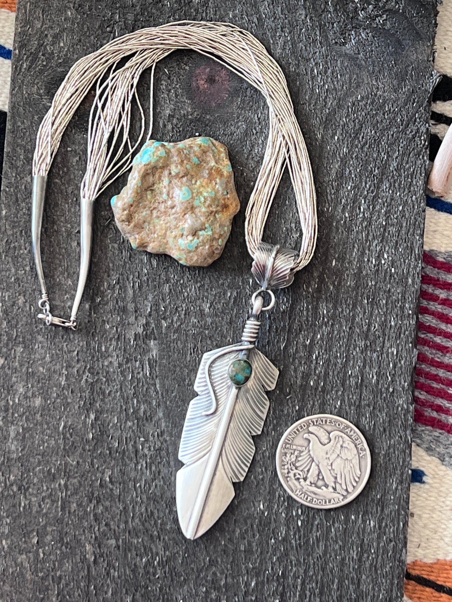 Chris Charley Vintage Sterling Silver And Turquoise Feather Pendant