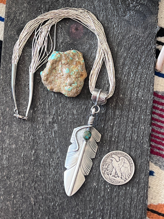 Chris Charley Vintage Sterling Silver And Turquoise Feather Pendant