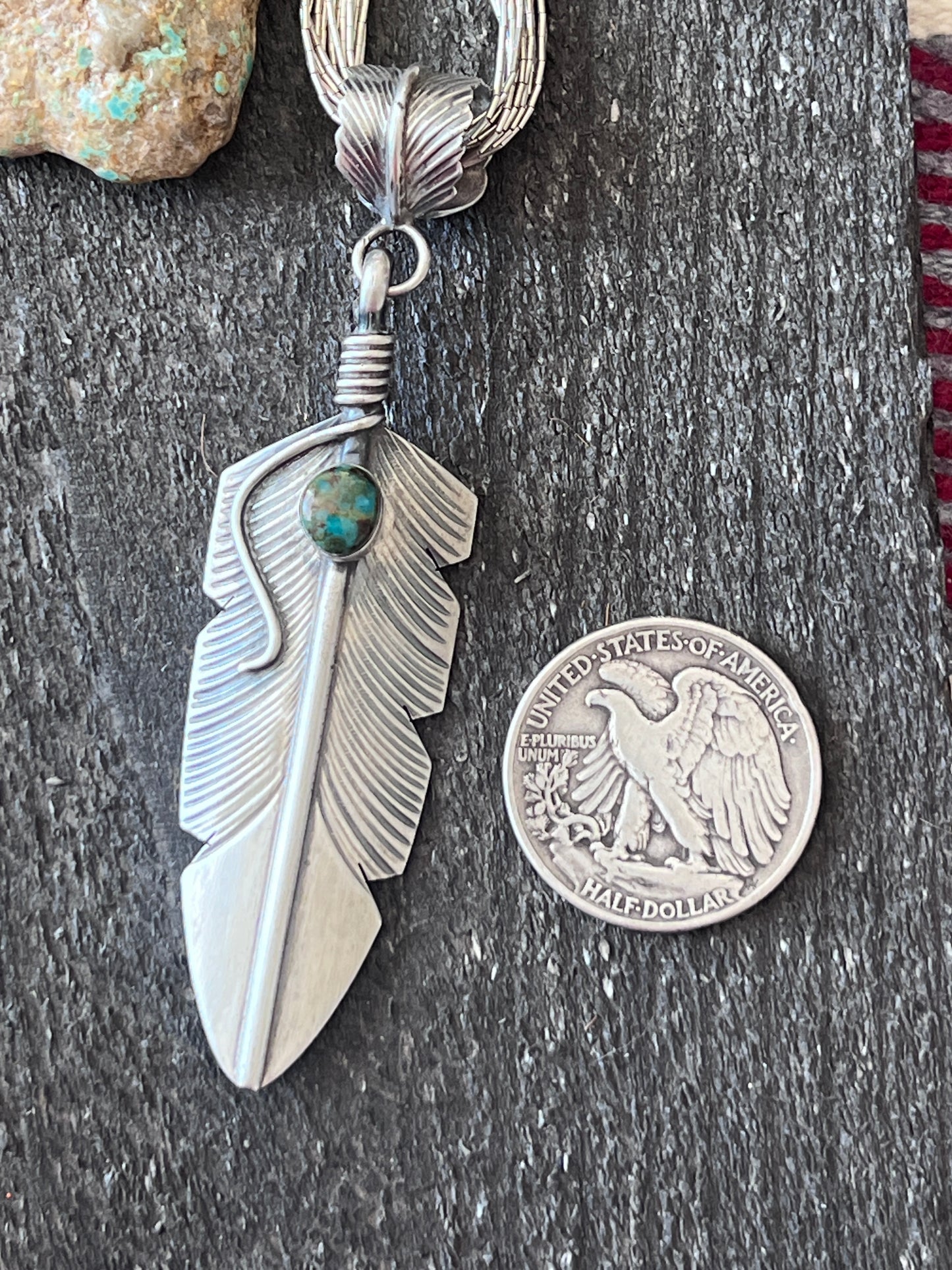 Chris Charley Vintage Sterling Silver And Turquoise Feather Pendant
