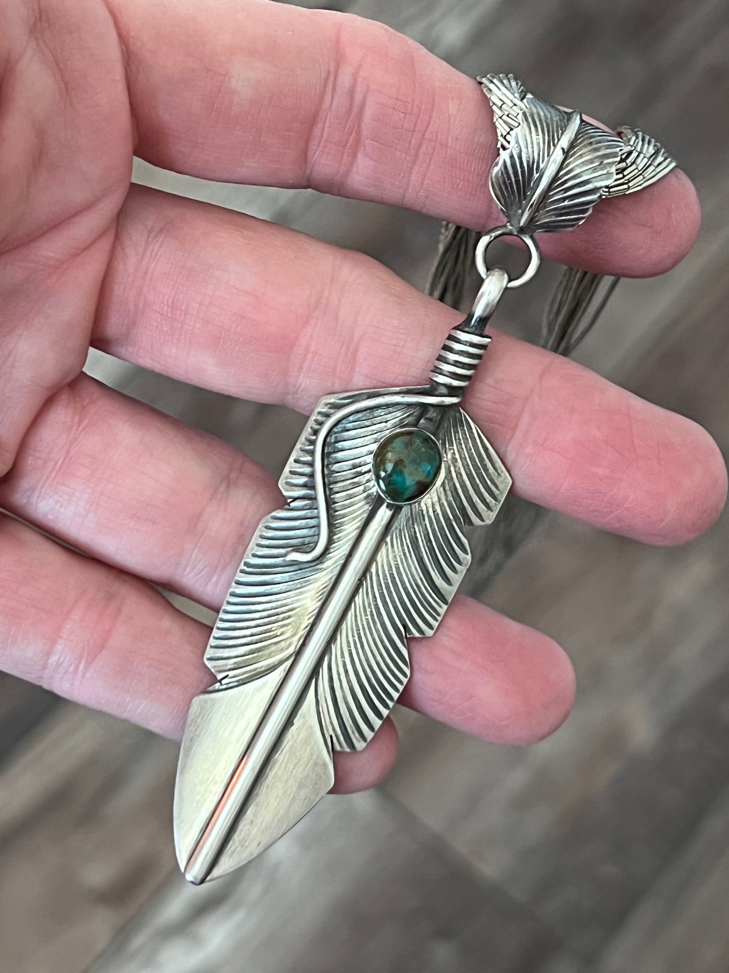 Chris Charley Vintage Sterling Silver And Turquoise Feather Pendant