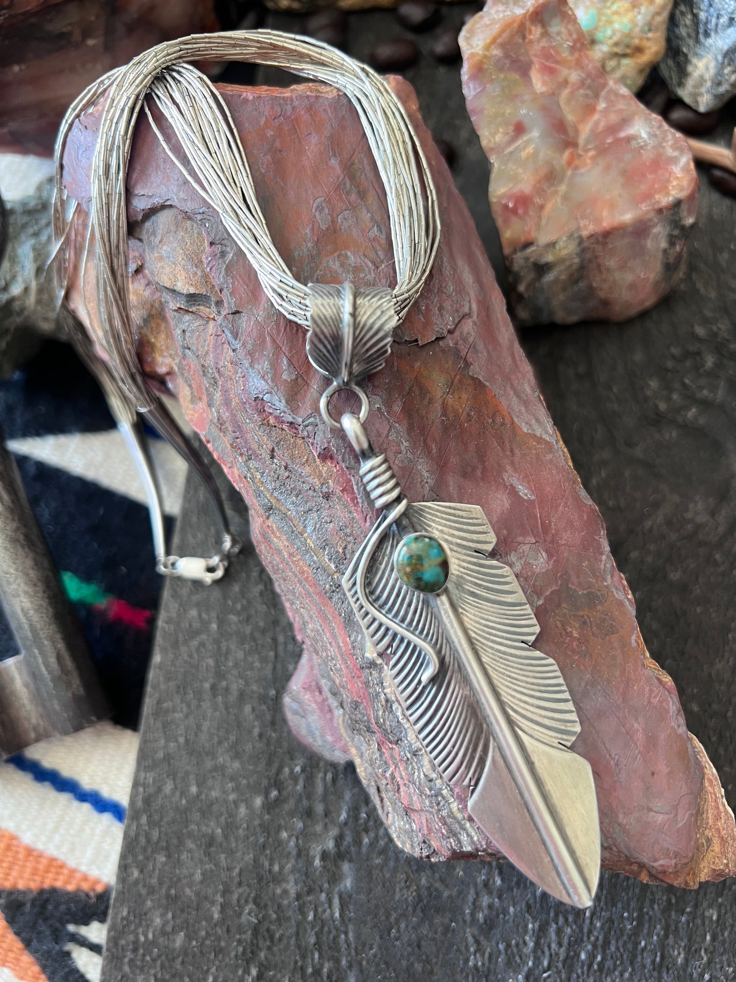 Chris Charley Vintage Sterling Silver And Turquoise Feather Pendant