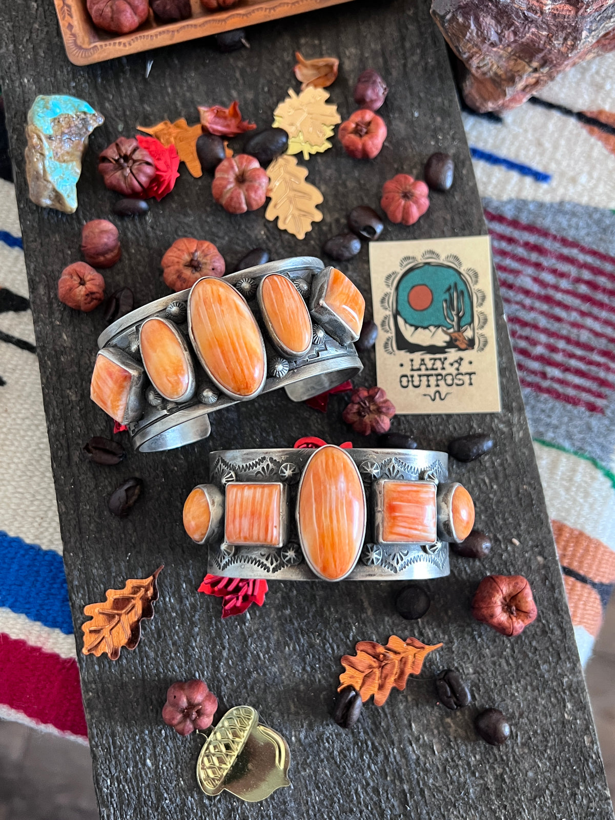 Hand Stamped Sterling Silver and Spiny Oyster Cuff Bracelets by Randall Endito