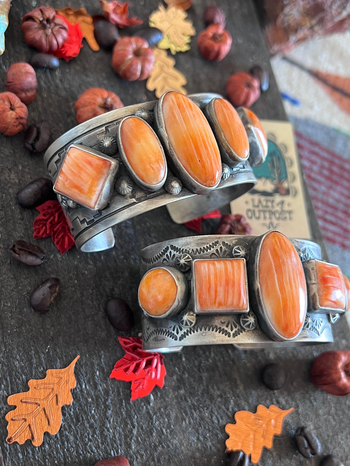 Hand Stamped Sterling Silver and Spiny Oyster Cuff Bracelets by Randall Endito