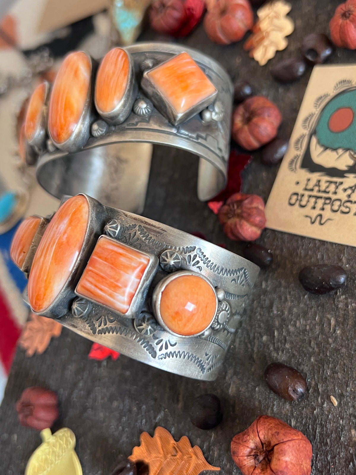Hand Stamped Sterling Silver and Spiny Oyster Cuff Bracelets by Randall Endito