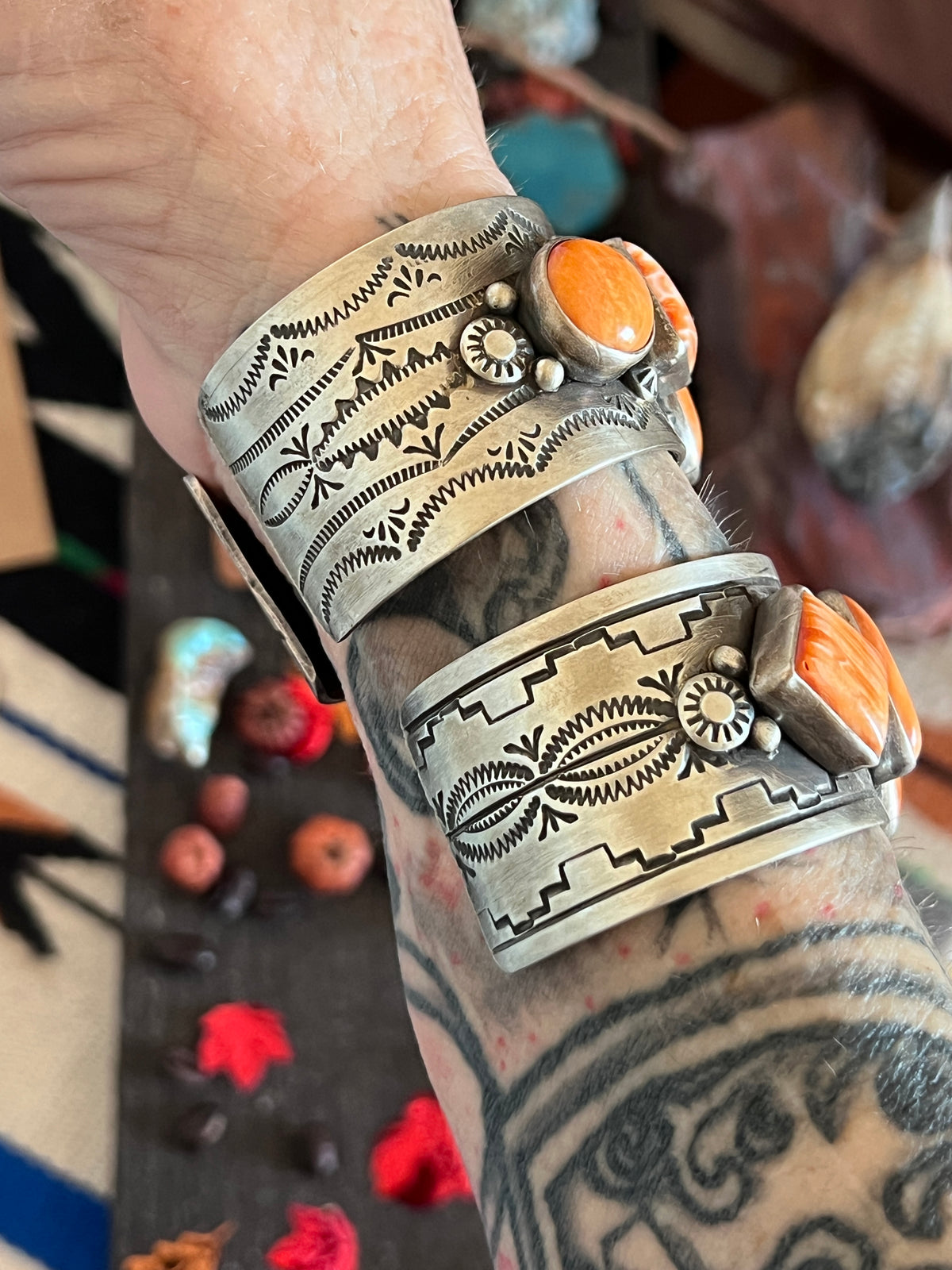 Hand Stamped Sterling Silver and Spiny Oyster Cuff Bracelets by Randall Endito