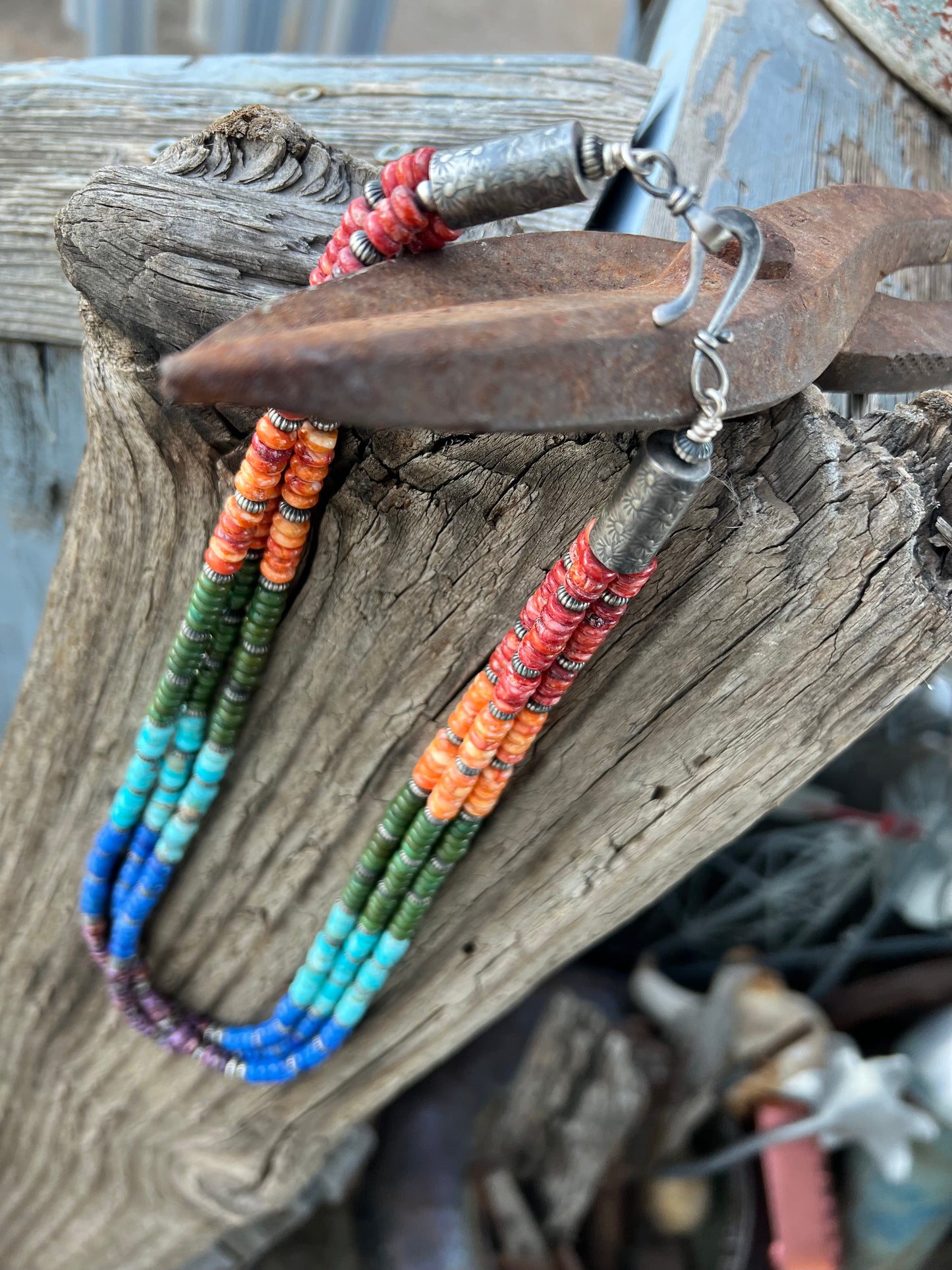 Sally Johnson Triple Strand Rainbow Bead Necklace