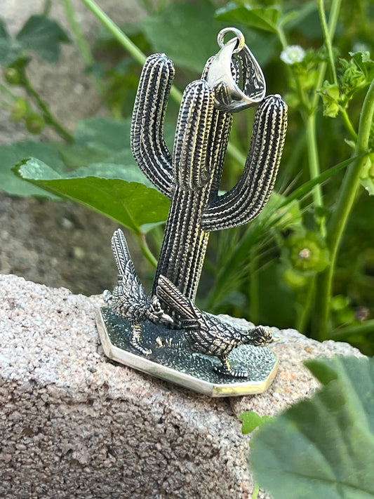 Balinese Sterling Saguaro and Roadrunner Pendant