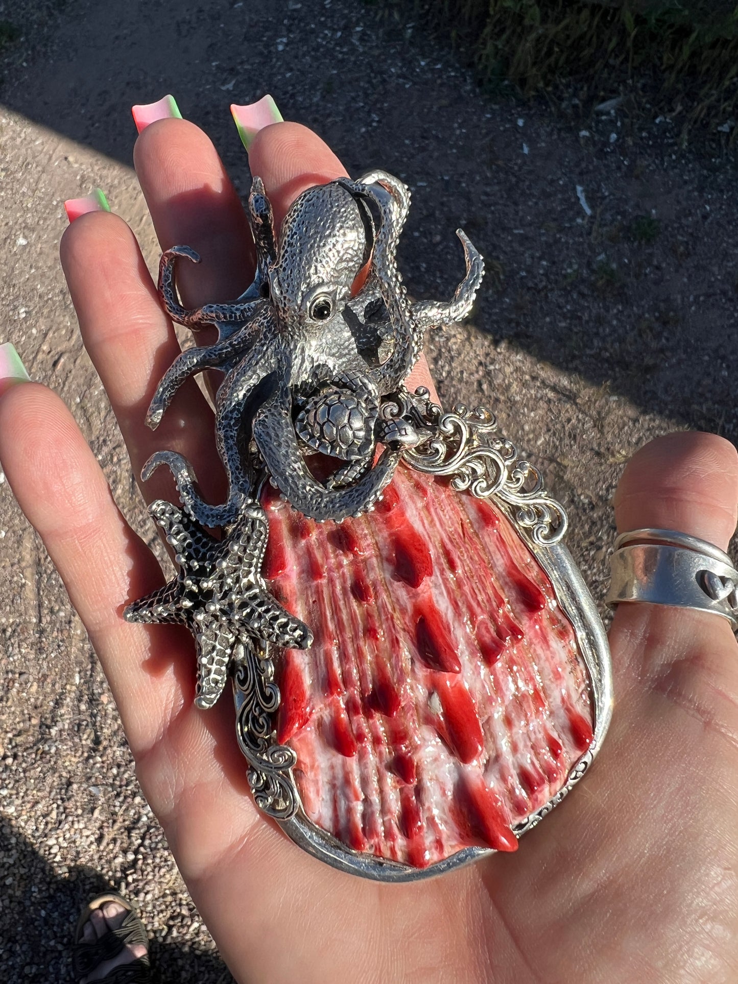 Balinese Sterling and Spiny Oyster Octopus Pendant