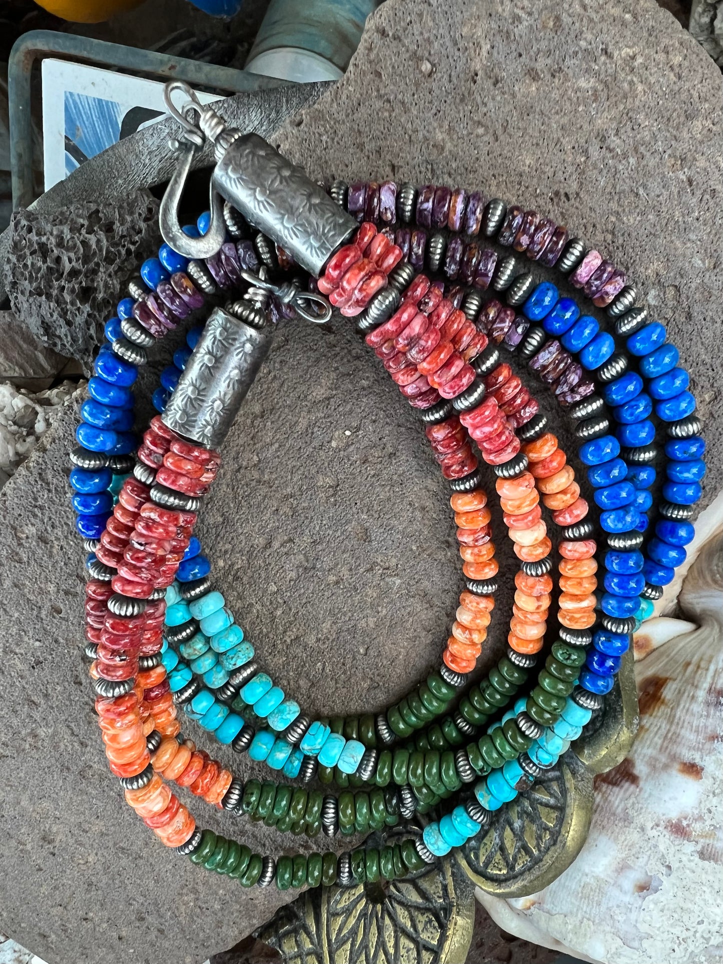 Sally Johnson Triple Strand Rainbow Bead Necklace